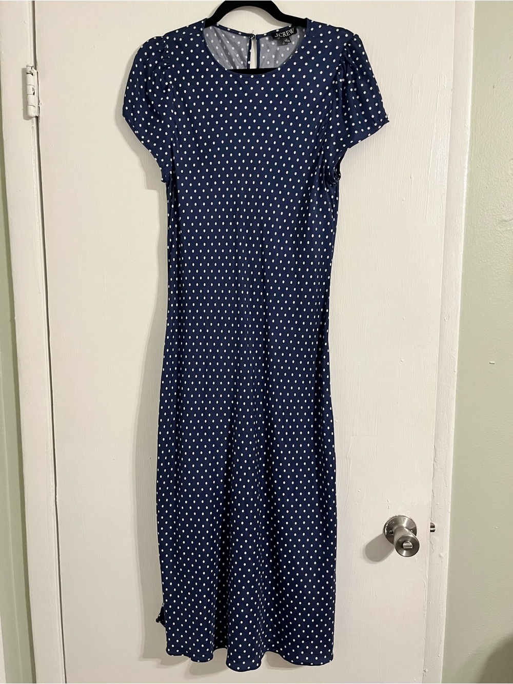 J. Crew Navy and White Polka Dot Short Sleeve Midi Dress